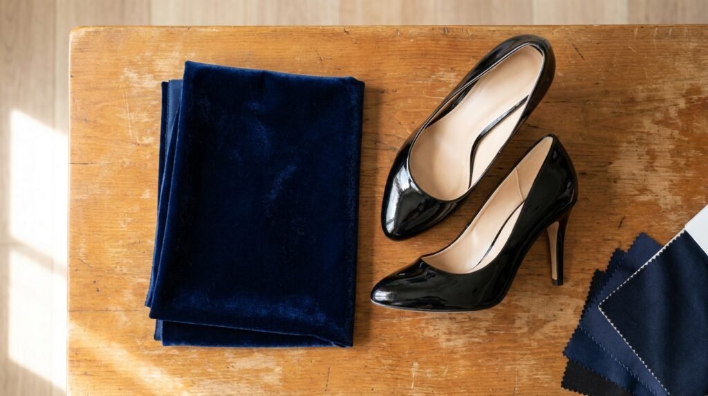 Flat lay photograph of navy velvet fabric next to glossy patent leather pumps on a wooden surface.