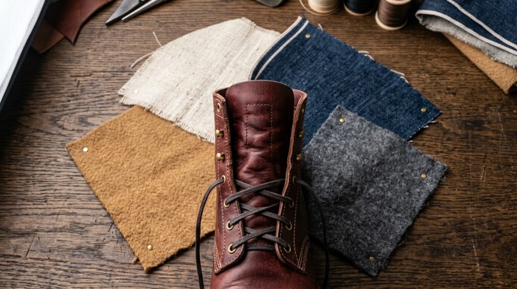 Fabric swatches in camel, charcoal, and denim arranged around a burgundy leather boot.
