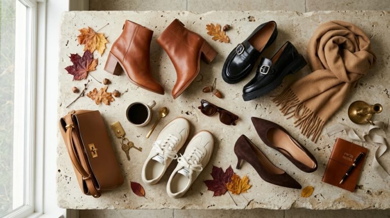 Curated fall 2026 shoe trends flat lay featuring cognac boots, chunky loafers, and retro sneakers.
