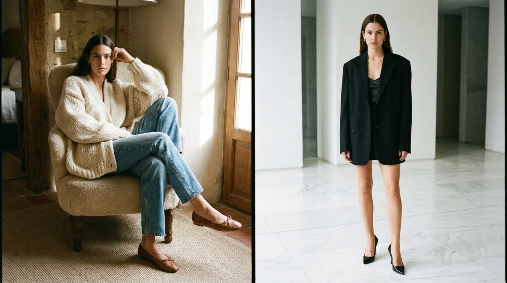 Visual comparison between relaxed business casual style and structured corporate baddie interview footwear.