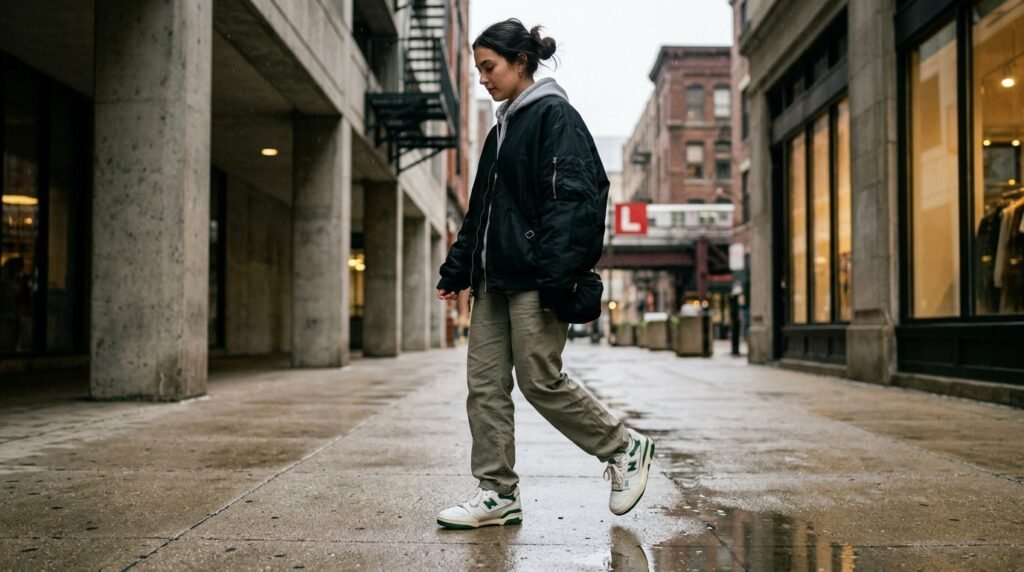 Street style shot of a person wearing retro court sneakers and neutral trousers against an urban backdrop.