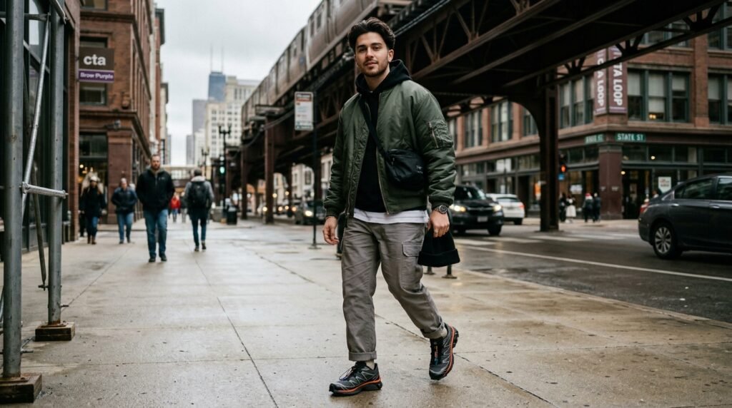 Street style shot of a person wearing technical trail sneakers and neutral utility trousers against an urban backdrop.