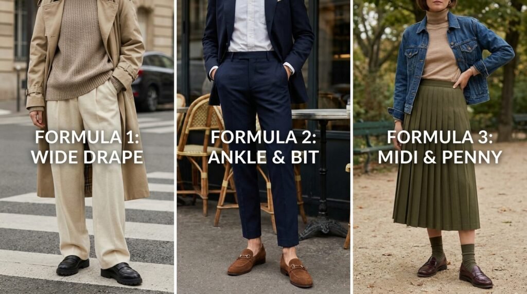 Three workwear outfit formulas demonstrating how to style loafers with pants and skirts.