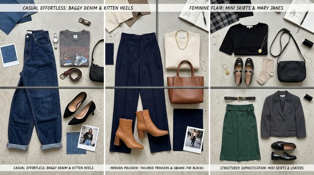 Flat-lay mood board demonstrating three outfit formulas with Gen Z approved heels.