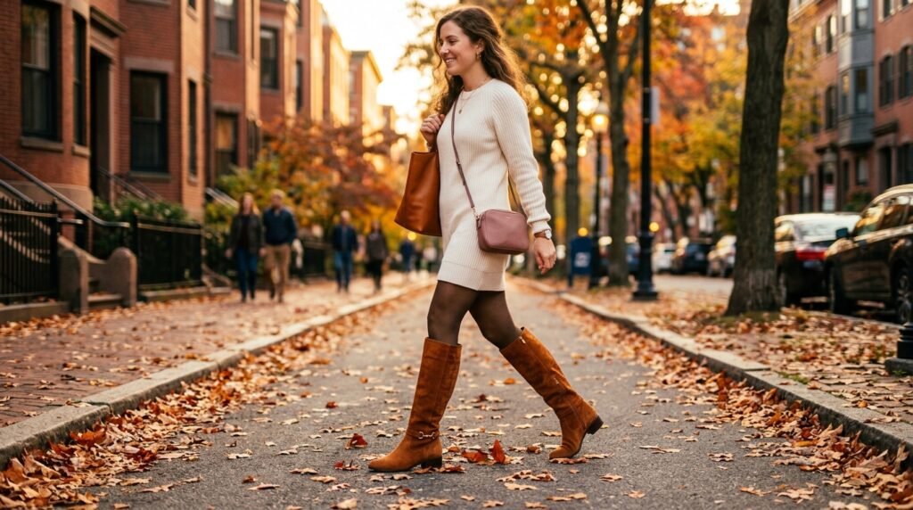 A woman walking on a sidewalk wearing a cream sweater dress and cognac suede knee-high boots during autumn.