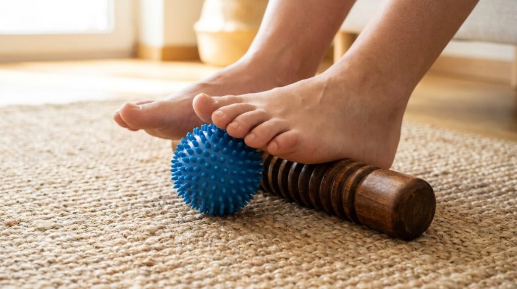 Bare foot rolling over an acupressure roller to stretch the plantar fascia.