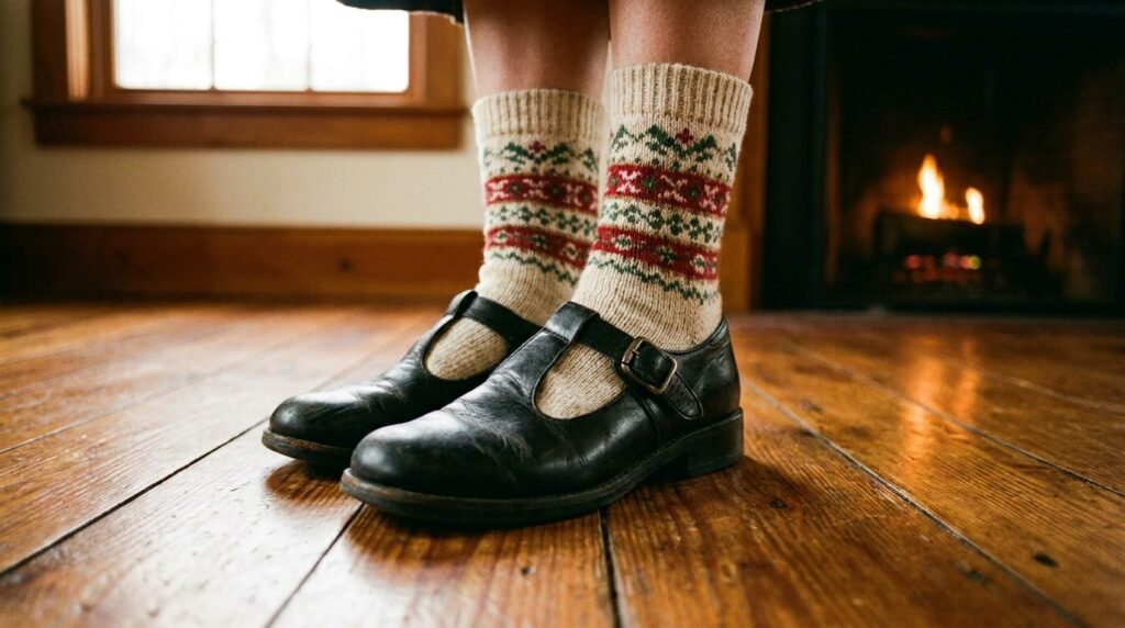 Close-up of feet wearing black leather Mary Jane shoes and patterned socks on a wooden floor.