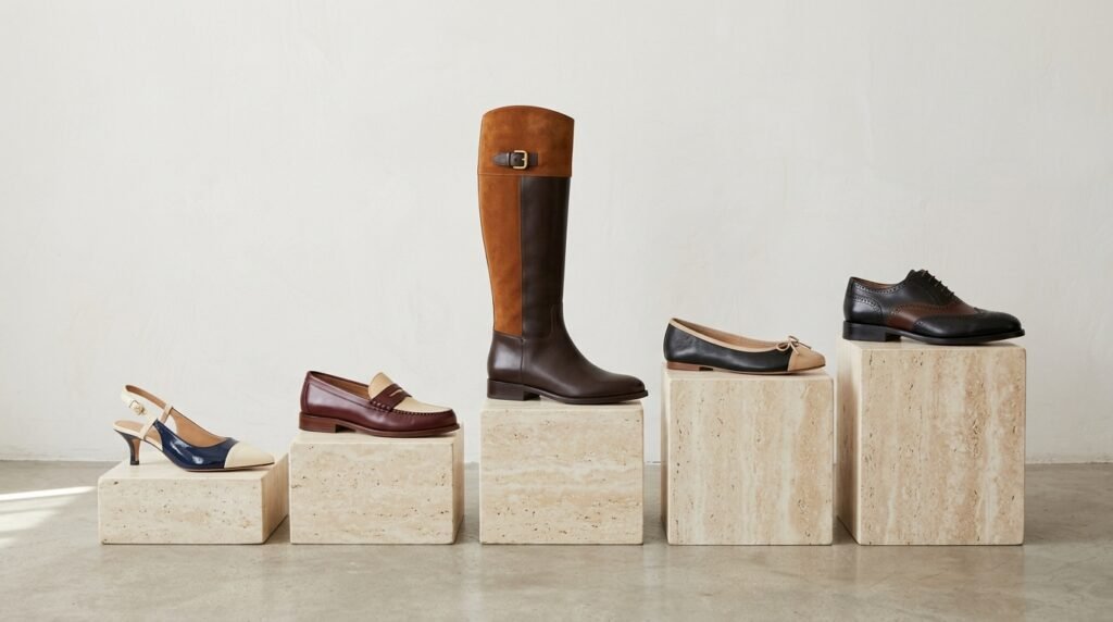 Studio lineup of five two-tone footwear styles on travertine pedestals.