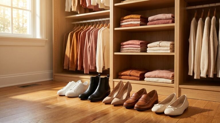 Five pairs of neutral shoes including white sneakers, nude heels, black boots, cognac loafers, and ballet flats arranged on a wooden floor in front of a closet.