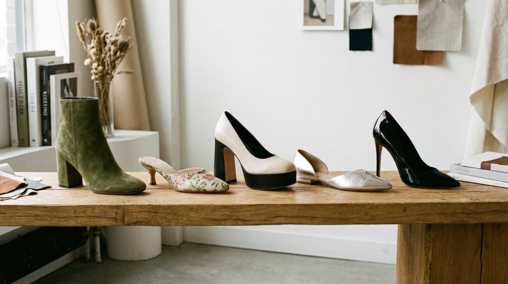 Row of five different high heel styles demonstrating varying heel widths and stability.