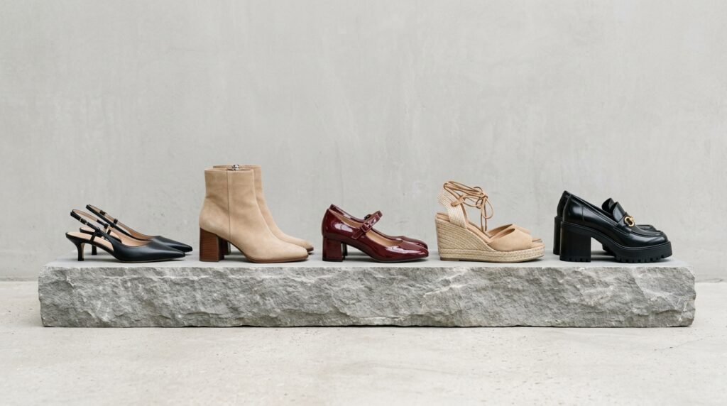 Studio comparison display of five trendy and comfortable low-heel styles on stone.