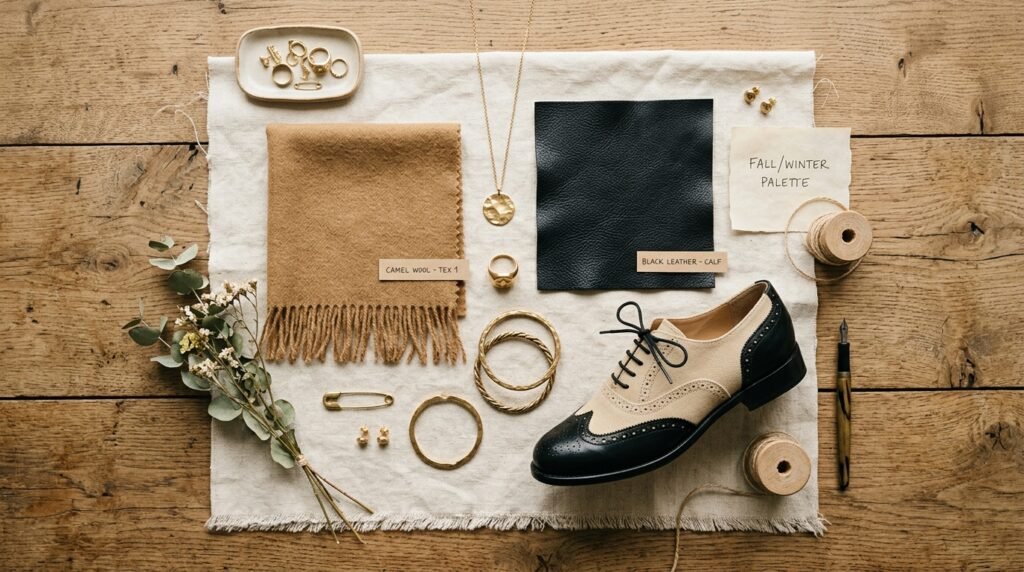 Color coordination mood board with camel wool, black leather, and two-tone footwear.