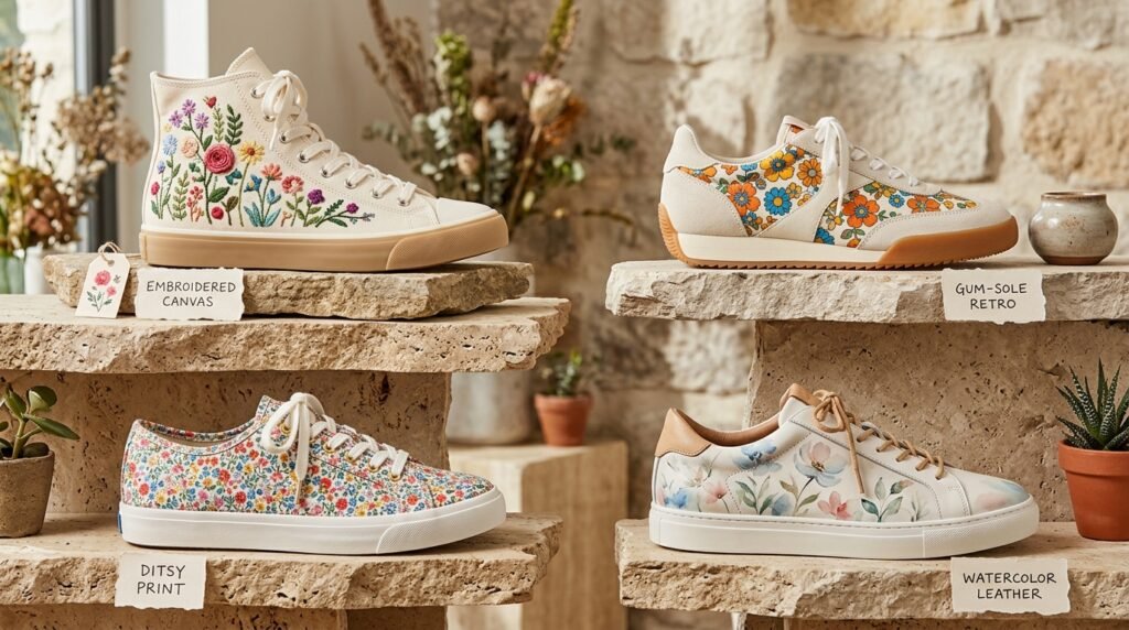Four different styles of floral sneakers arranged on display shelves.