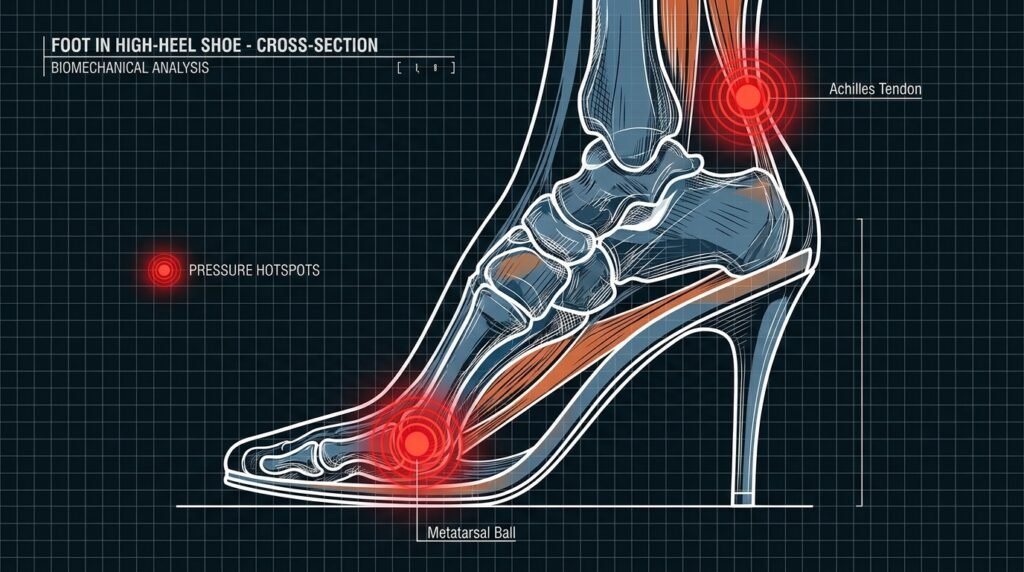 Diagram illustrating foot biomechanics and metatarsal pressure points inside a high heel.