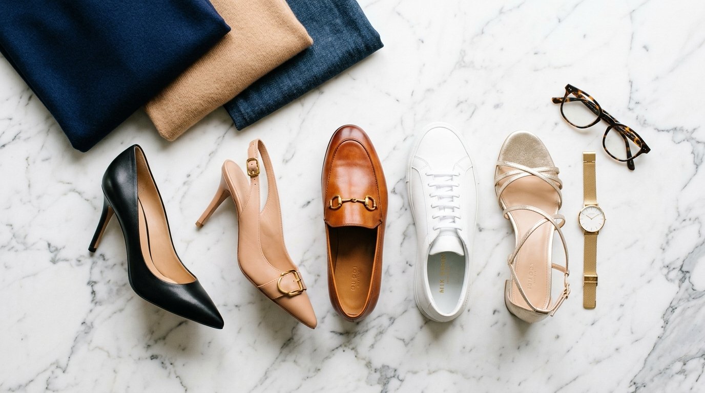 Shoe color matching guide flat lay with black pumps, nude slingbacks, cognac loafers, and sneakers.