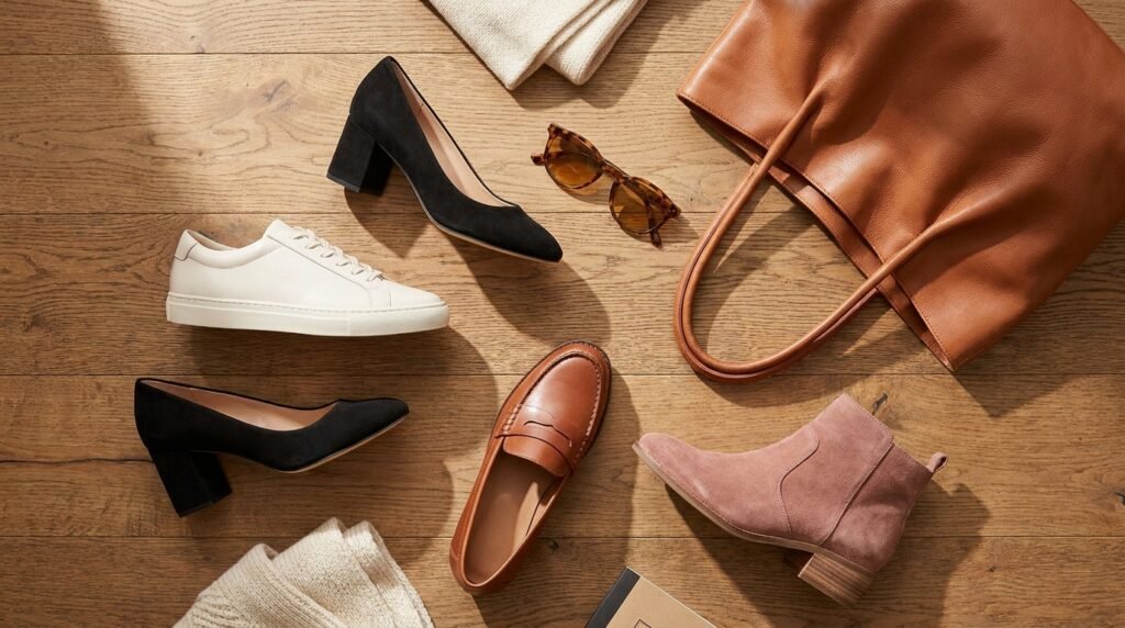 Flat lay photograph of essential capsule shoes including sneakers, loafers, and boots arranged on a wooden surface.