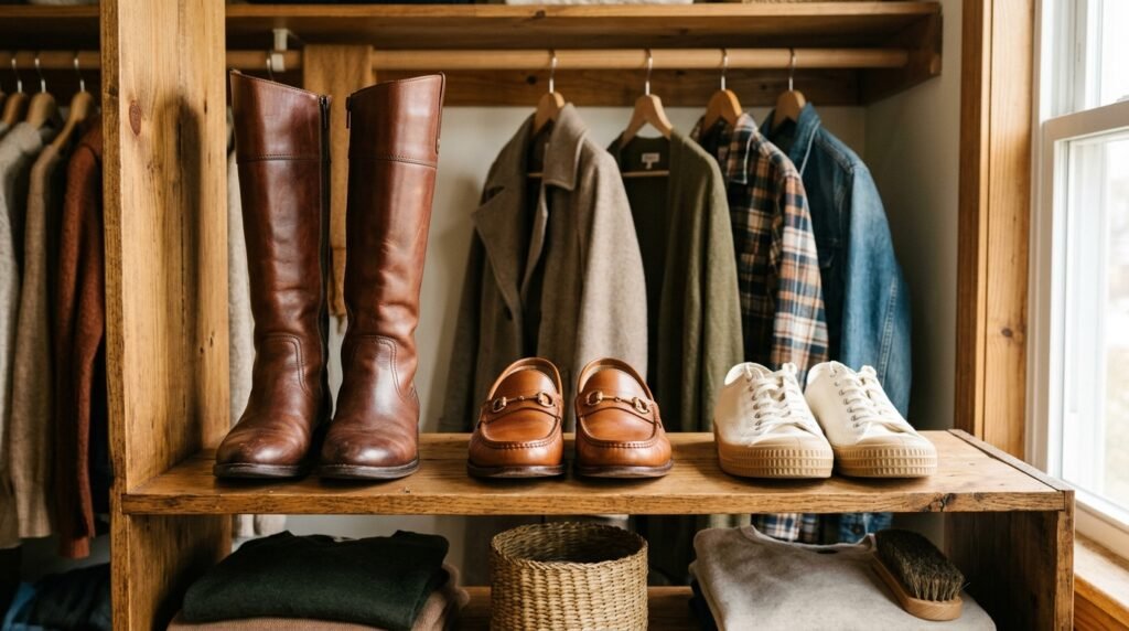 Canvas sneakers, leather loafers, and tall boots arranged neatly in a wooden closet.