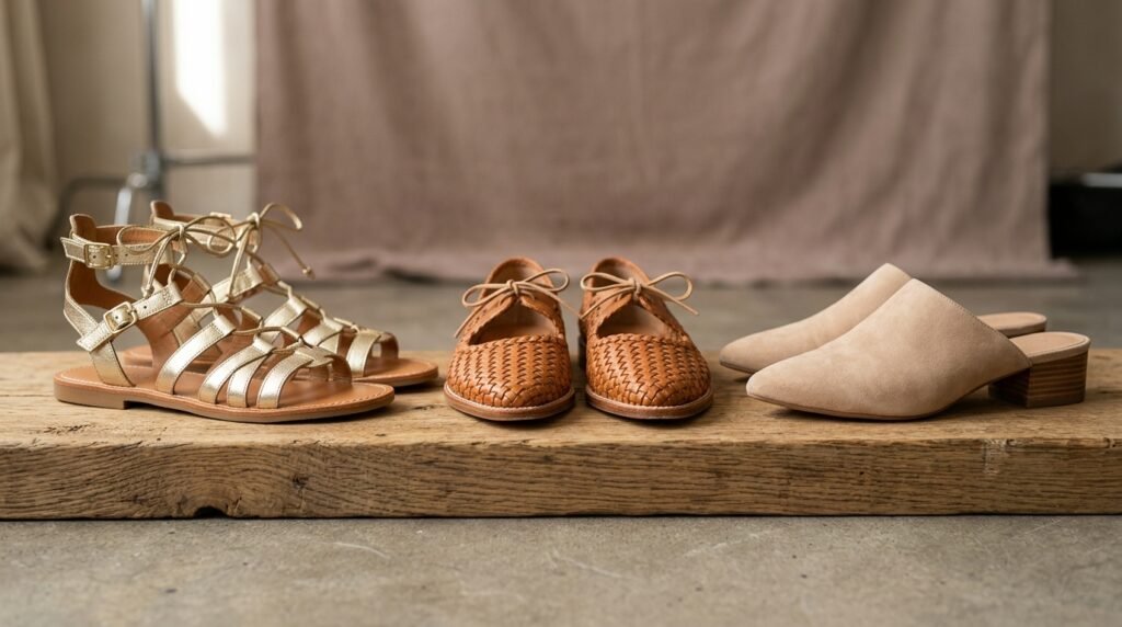 Side-by-side comparison of gold gladiators, braided leather flats, and nude suede mules.