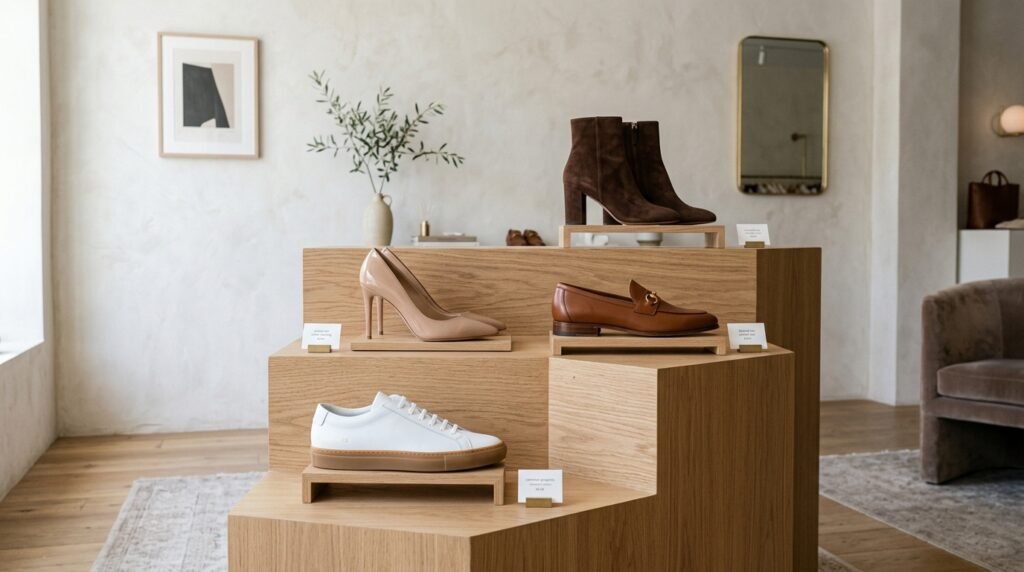 Display of core neutral footwear styles on stepped oak pedestals.