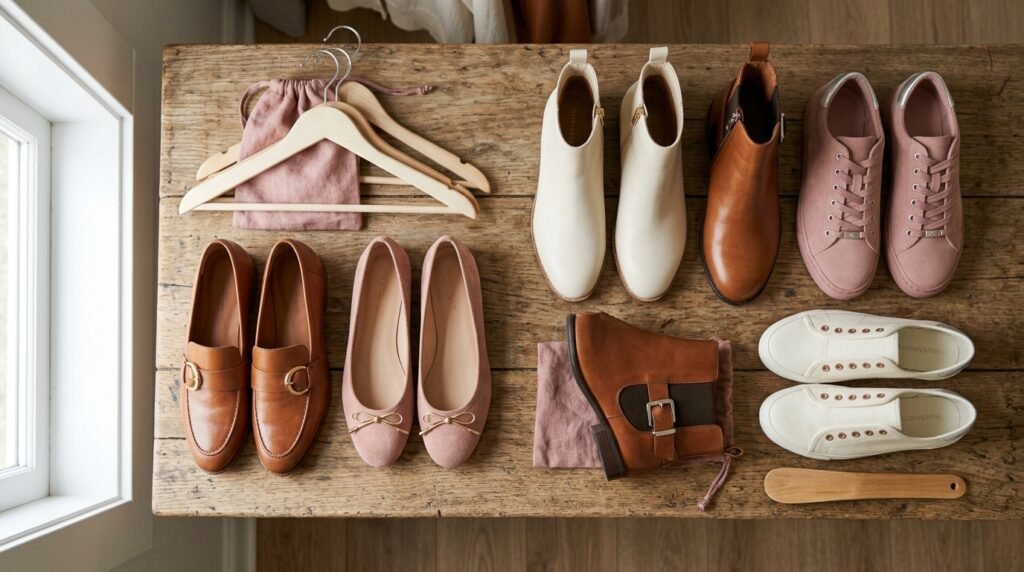 Flat lay of organized shoes on a wooden shelf inside a home closet.