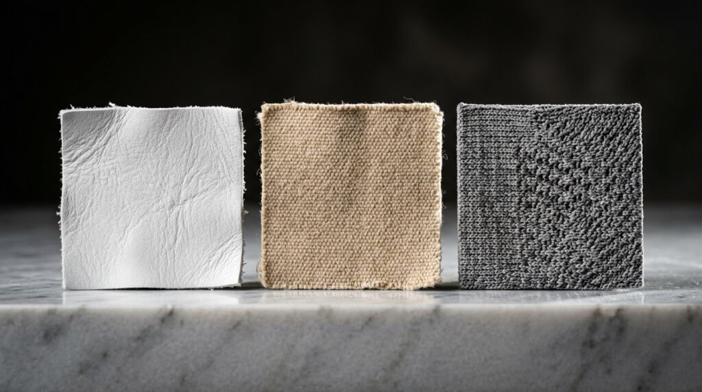 Macro close-up of leather, canvas, and engineered knit fabric swatches for shoes.