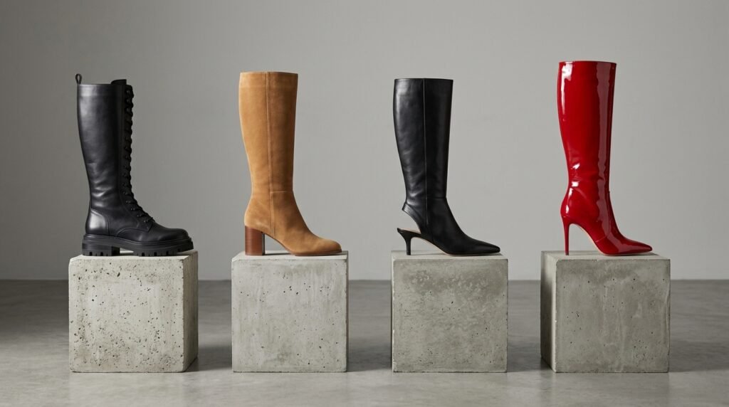 Four distinct knee-high boots showcasing lug soles, block heels, kitten heels, and stilettos.