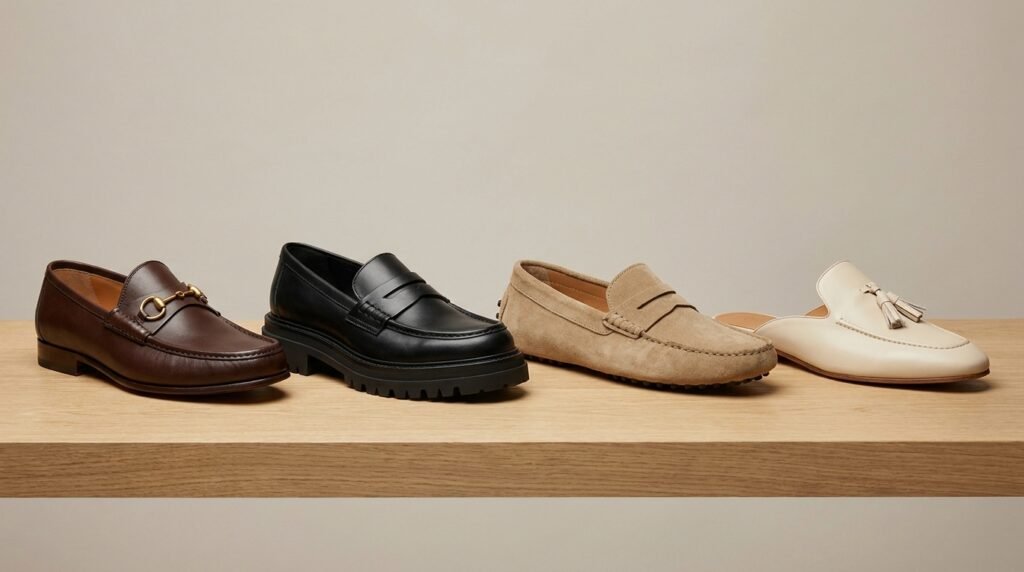 Side-by-side comparison of four different office loafer styles on a wooden display.