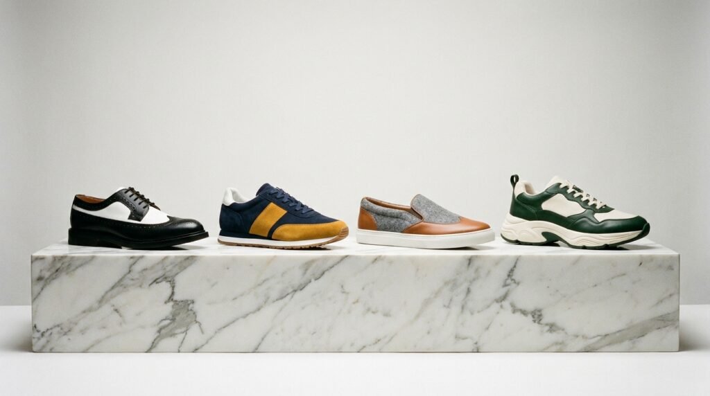 Lineup of four distinct two-tone cap-toe shoe styles on a white marble display plinth.
