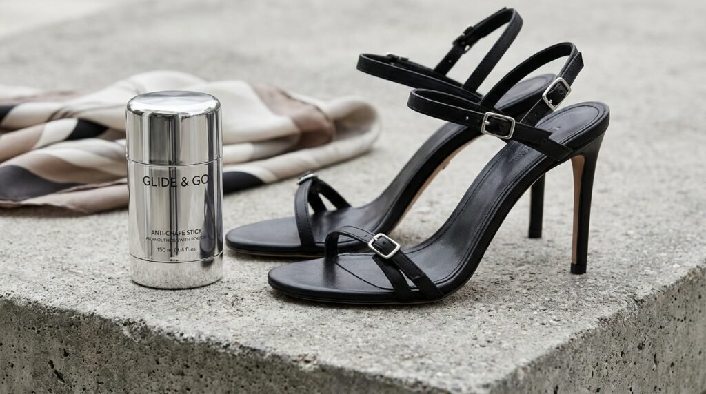 Anti-chafing balm stick placed next to strappy stiletto designer sandals.