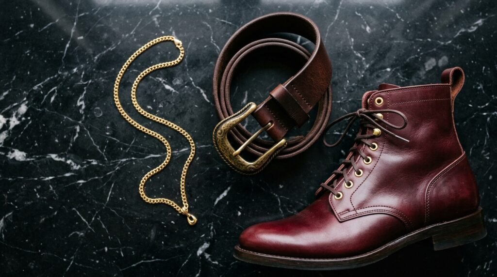 Gold jewelry and brass belt hardware paired with burgundy leather footwear.