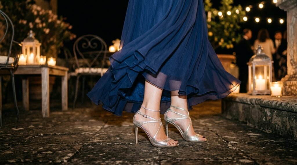 Silver metallic strappy heels peeking from beneath a navy silk chiffon evening gown.