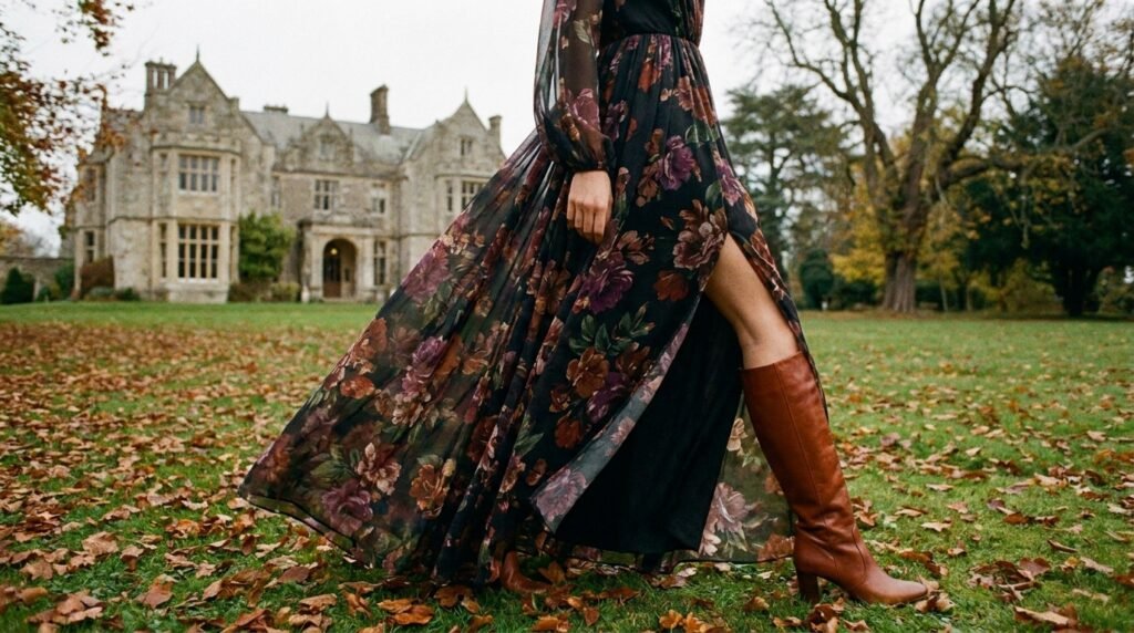 Floral chiffon maxi dress with slit showing burnished cognac cowboy boots.