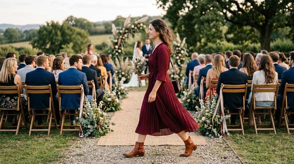 Burgundy pleated wrap dress paired with burnished cognac cowboy boots.
