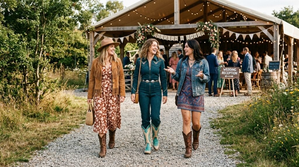 Three wedding guests wearing stylish fall dresses paired with cowboy boots.
