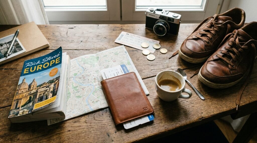 Travel guidebook, passport, and leather sneakers on a hotel desk illustrating travel advice.