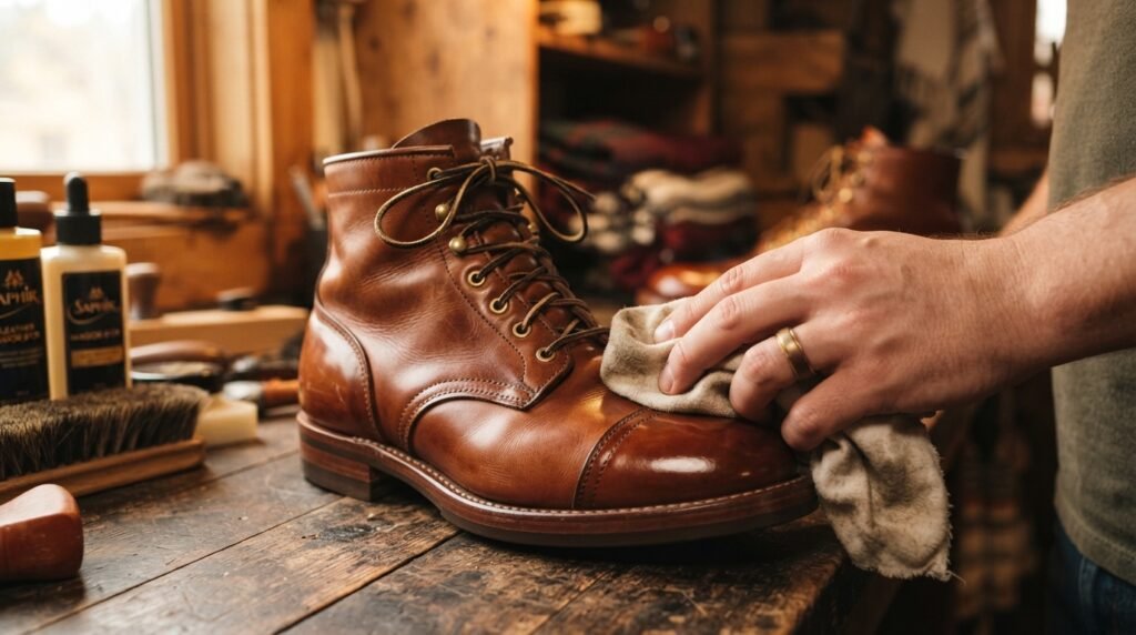 A hand using a soft cloth to polish a high-quality cognac leather boot.