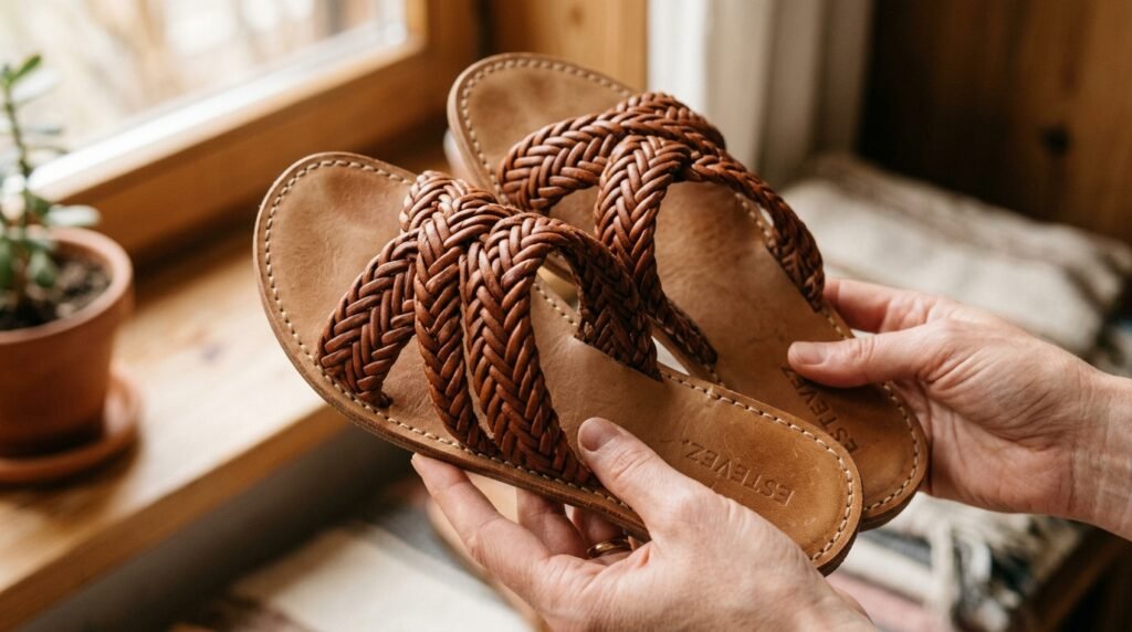 Detailed close-up of high-quality cognac braided leather flat sandals.