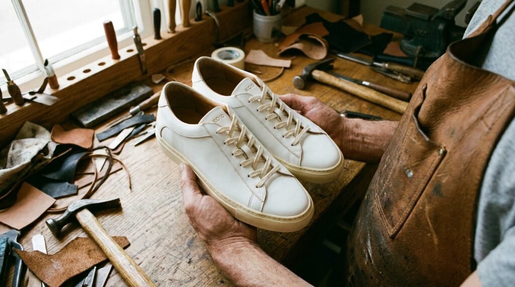 Handcrafted white leather Koio Capri sneakers displayed on an oak workbench.