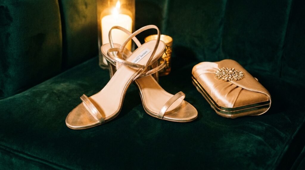 Champagne gold metallic strappy evening sandals resting on dark velvet.