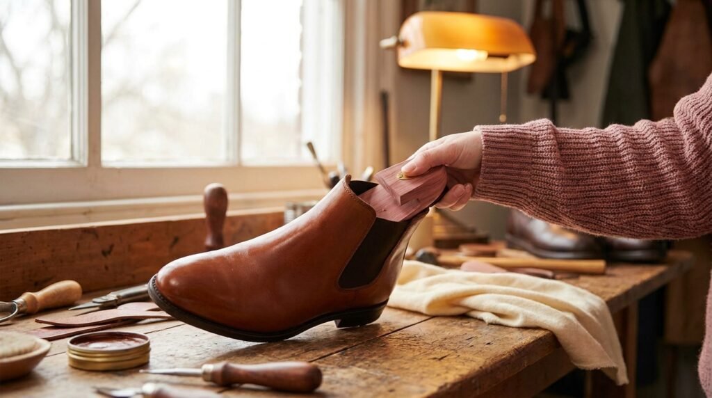 A cedar shoe tree being placed inside a leather boot on a wooden workbench.