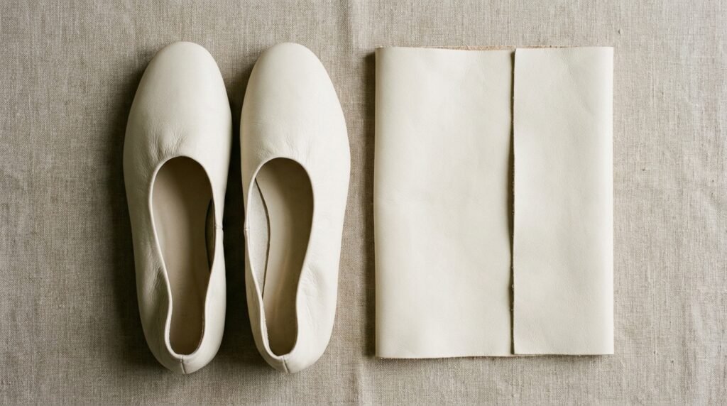 Minimalist cream-colored leather glove flats resting on an executive workspace.