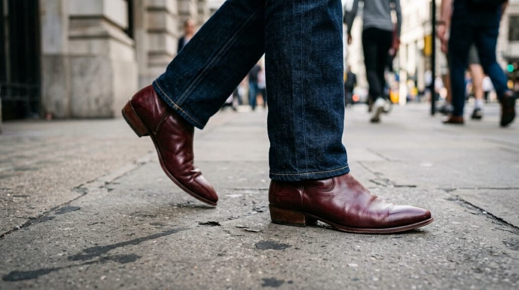 Dark indigo straight jeans paired with pointed-toe burgundy leather ankle boots.