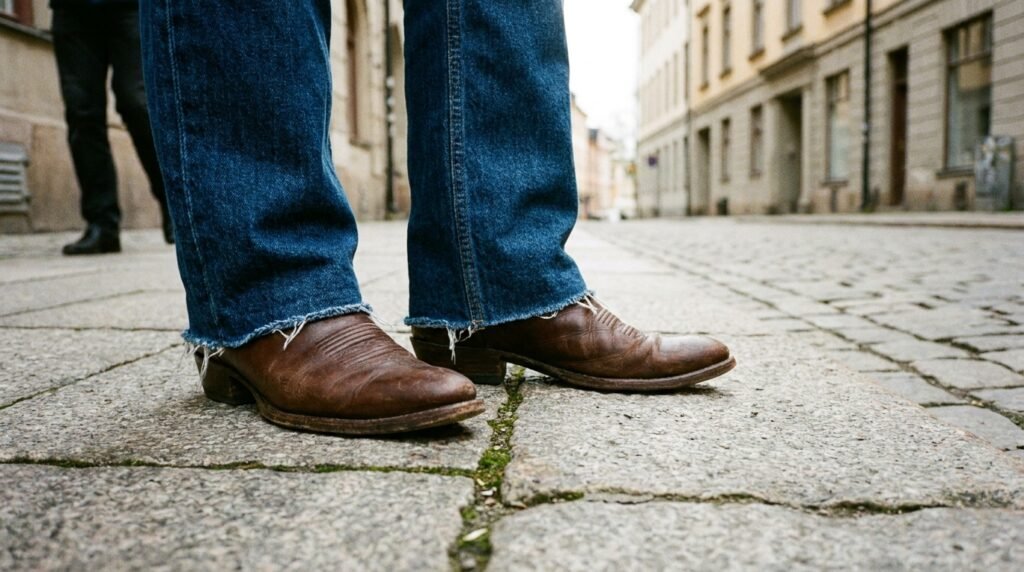 Straight-leg raw-hem jeans worn over chocolate brown leather cowboy boots.