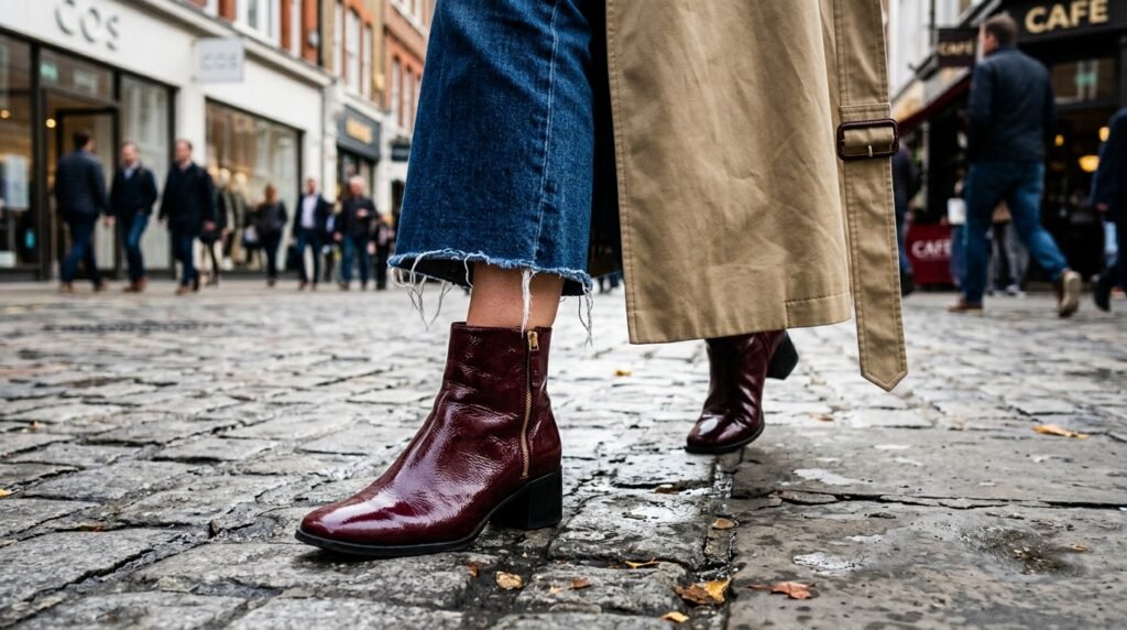 Cropped flare jeans and burgundy patent boots styled with a beige trench coat.