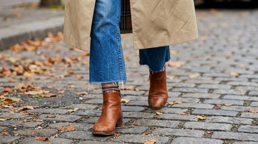 Cropped flare jeans and cognac boots styled with a beige trench coat.