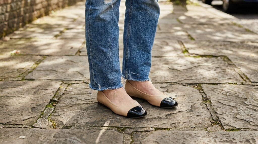 Cropped vintage-wash straight jeans paired with beige and black cap-toe ballet flats.