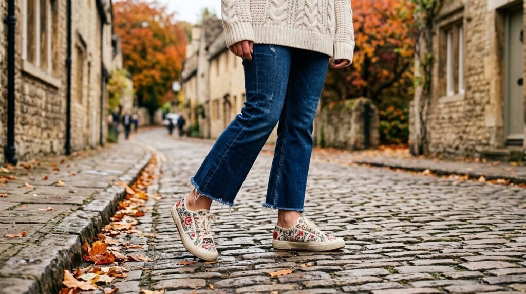 Cropped kick-flare jeans and floral embroidered sneakers on cobblestone pavement.