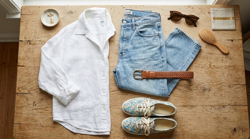 Flat-lay of straight-leg jeans, white linen shirt, and floral low-top sneakers.
