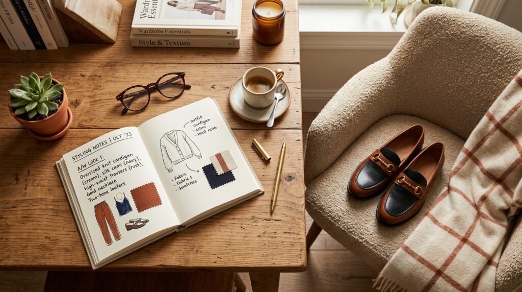 Workspace flat lay with fashion notebook, coffee, and two-tone leather loafers.