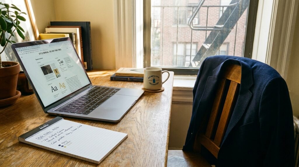 An open laptop, coffee cup, notepad, and folded blazer on a desk.